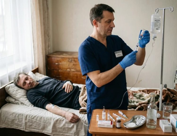 Лікар встановлює крапельницю пацієнту під час виведення із запою